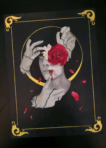 Statue avec une rose et une autre fleur, accompagnée de trois mains. | Travail à la peinture à l'huile, format A4.