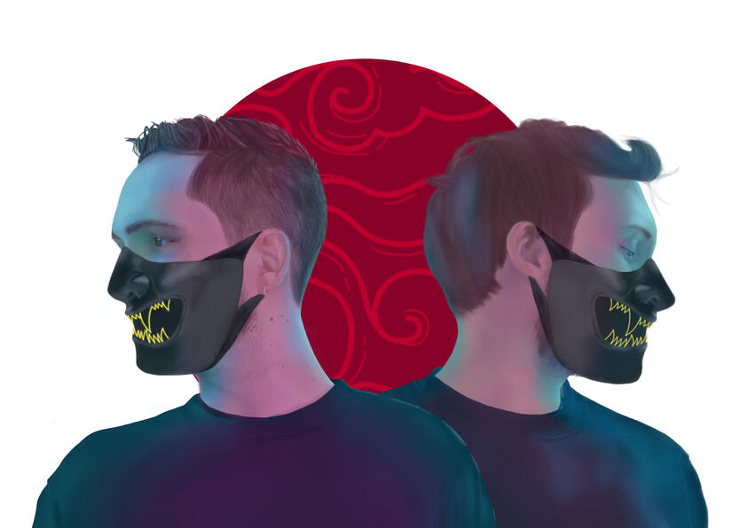 Wankil Studio sous le thรจme du CyberJapon (Cyberpunk + Japon) avec un masque. (SANS FOND, FOND SUR INSTAGRAM) | Travail au digital sur ClipStudioPaint.