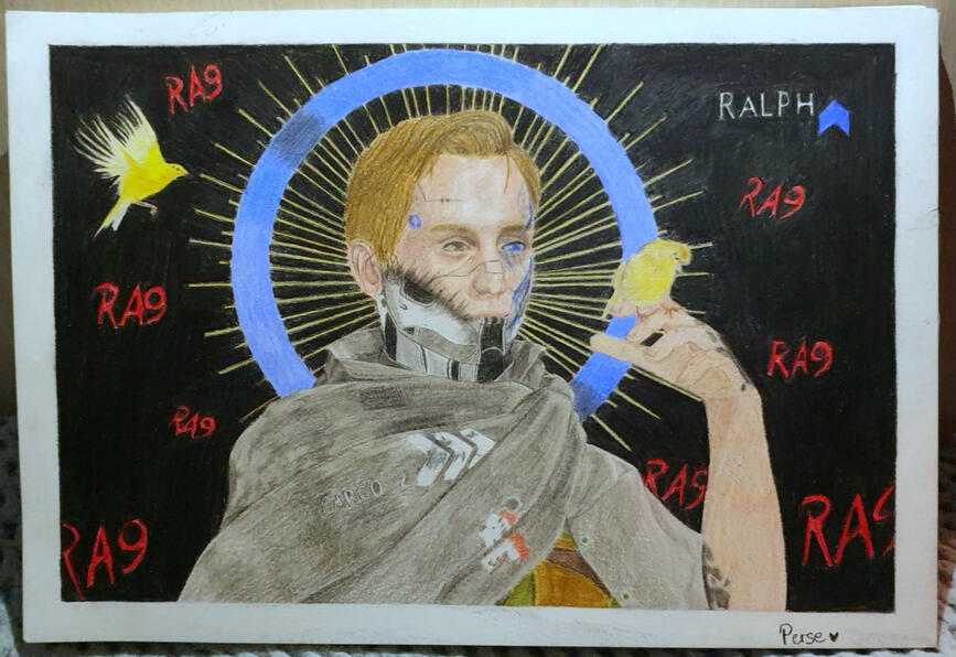 Thème 2022 du Week And Art, un concours d'art organisé par Pawm et UnePetiteMarie sur le ''Transhumanisme'' où est représenté Ralph de "DetroitBecomeHuman" avec des oiseaux et une LED blueue et des écritos RA9. | Travail aux crayons de couleurs, format A4