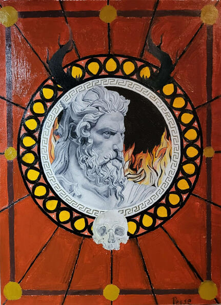 Thème 2023 du Week And Art, un concours d'art organisé par Pawm et UnePetiteMarie sur le ''Pandémium'' où est représenté Hadès avec des flammes avec un fond orangé. | Travail à la peinture à l'huile, format A4.