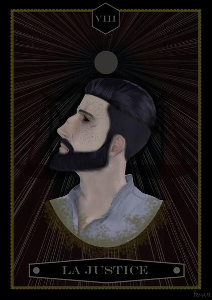 Jonathan Reid du jeu ''Vampyr'' dรฉfinissant la carte du tarot ''La Justice'' avec son lore. | Travail au digital sur ClipStudioPaint.