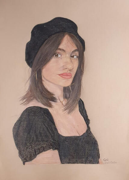 Emmanuelle, la petite amie d'HugoDelire. | Travail aux crayons de couleurs, format A4.